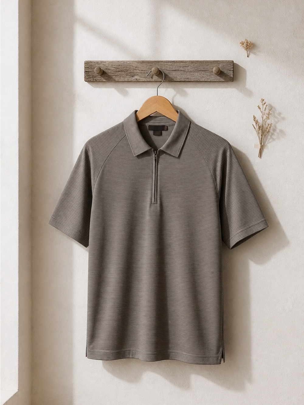 Tiger Woods Collection Short Sleeve Zip Polo Shirt - Taupe Ribbed